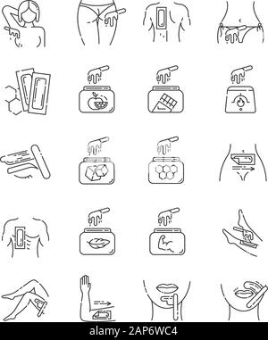 Waxing linear icons set. Female, male hair removal procedure. Cold, hot wax in jar with spatula. Depilation equipment. Thin line contour symbols. Isol Stock Vector