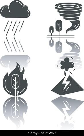 Natural disaster drop shadow black glyph icons set. Global climate changes. Wildfire, downpour, volcanic eruption, tornado. Environmental hazards. Iso Stock Vector