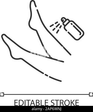 Leg spray linear icon. Shin hair removal process step. Moisturizing, skin care after depilation. Thin line illustration. Contour symbol. Vector isolat Stock Vector