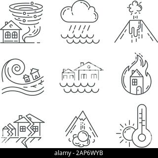 Natural disaster linear icons set. Earthquake, fire, tsunami, tornado, avalanche, flood, downpour, volcanic eruption. Thin line contour symbols. Isola Stock Vector