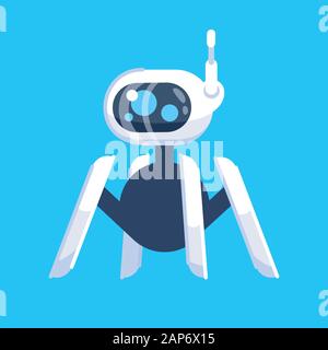 Robot spider flat vector illustration. Droid with camera on remote control. Machine robotic technology. Gadget for play, assistance. Smart cybernetic Stock Vector