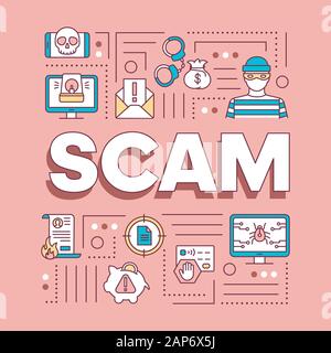 Scam word concepts banner. Illegal actions presentation, website. Fraud types. Internet crime. Bugs and virus. Isolated lettering typography idea with Stock Vector