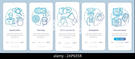 Scam prevention onboarding mobile app page screen vector template. Search online. Walkthrough website steps with linear illustrations. UX, UI, GUI sma Stock Vector