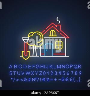 Home and garden neon light icon. Household activities. Organizing backyard. Gardening, planting. E commerce department. Glowing sign with alphabet, nu Stock Vector