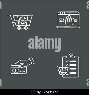 Online store chalk icons set. Payment by credit card, writing shopping list. Choosing and adding goods to basket. Internet shopping, online store appl Stock Vector