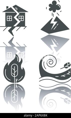 Natural disaster drop shadow black glyph icons set. Global catastrophes. Wildfire, earthquake, volcanic eruption, tsunami. Destructive force of nature Stock Vector