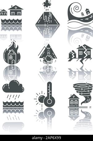 Natural disaster drop shadow black glyph icons set. Environmental hazards. Earthquake, fire, tsunami, tornado, avalanche, flood, downpour, volcanic er Stock Vector