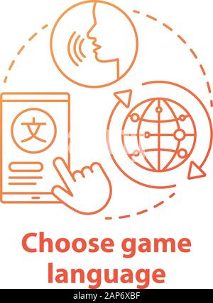 Choose game language red gradient concept icon. Select quest translation idea thin line illustration. Multilingual communication. Different linguistic Stock Vector
