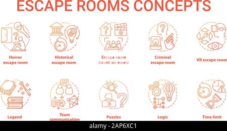 Escape room red gradient concept icons set. Quest types idea thin line illustration. Strategy logical game collection. Puzzles and riddles solving pac Stock Vector