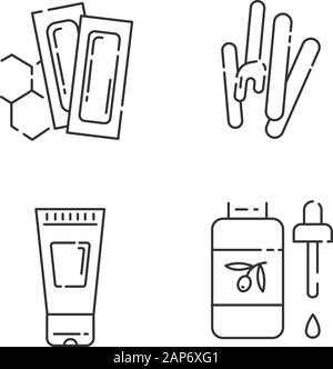 Waxing tools linear icons set. Hot, soft wax strips with spatula. Hair removal equipment. Lotion, oil for depilation. Thin line contour symbols. Isola Stock Vector