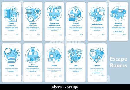 Escape room blue onboarding mobile app page screen set with linear concepts. Quest game classification, categories. Walkthrough graphic instructions. Stock Vector