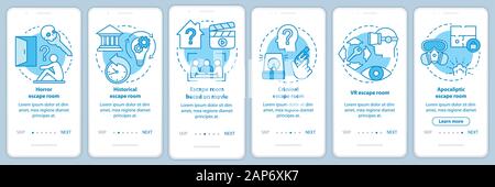 Escape room types turquoise onboarding mobile app page screen with linear concepts. Quest game categories. Walkthrough graphic instructions. UX, UI, G Stock Vector