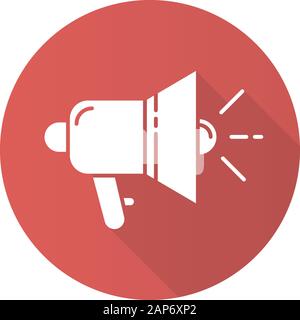 Promotional tools red flat design long shadow glyph icon. Megaphone. Informing customers. Advertising campaign. Marketing item. Loudspeaker, bullhorn. Stock Vector