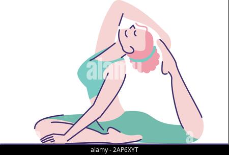 Woman practicing rajakapotasana exercise flat vector illustration. Yoga practice. Girl sitting in one legged king pigeon pose isolated cartoon charact Stock Vector