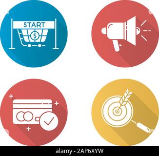 E commerce seller flat design long shadow glyph icons set. Marketing campaign plan. Start selling, promotional tools, accept payments, choose niche. V Stock Vector