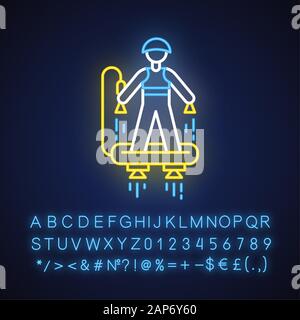 Flyboarding neon light icon. Watersports, extreme and dangerous modern summer beach leisure.Hydroflight sport. Glowing sign with alphabet, numbers and Stock Vector