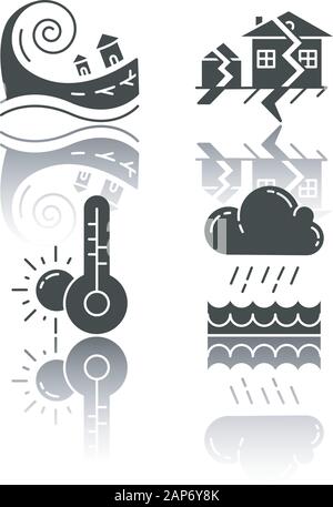 Natural disaster drop shadow black glyph icons set. Geological and atmospheric hazards. Tsunami, earthquake, downpour, weather forecast. Global climat Stock Vector