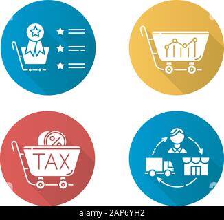 Trading flat design long shadow glyph icons set. Marketing research. Best seller list, sell analytics, sales tax ID, dropshipping. Product promotion. Stock Vector