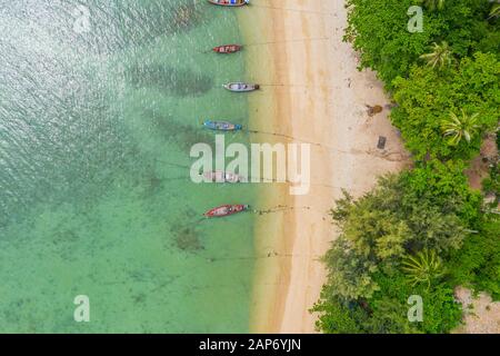 Aerial view of Phi Phi, Maya beach with blue turquoise seawater, Stock Photo