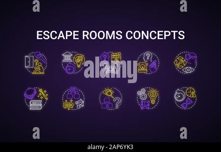 Escape rooms neon light concept icons set. Quest different themes, types idea. Strategy logical game collection. Puzzles and riddles solving pack. Glo Stock Vector