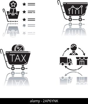 Trading drop shadow black glyph icons set. Marketing research. Best seller list, sell analytics, sales tax ID, dropshipping. Business organization. Pr Stock Vector