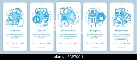 Scam prevention onboarding mobile app page screen with linear concepts. Five walkthrough steps graphic instructions. Free scam alerts. Search online. Stock Vector