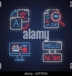 Machine translation services neon light icons set. Online translation. Multilingual chatbot. Artificial intelligence. Transcription and proofreading. Stock Vector