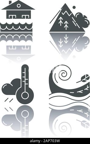 Natural disaster drop shadow black glyph icons set. Geological and atmospheric hazards. Flood, avalanche, weather forecast, tsunami. Destructive force Stock Vector