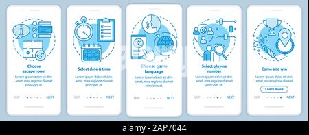 Escape room booking tutorial onboarding mobile app page screen with linear concepts. Choose quest date. Walkthrough steps graphic instructions. UX, UI Stock Vector