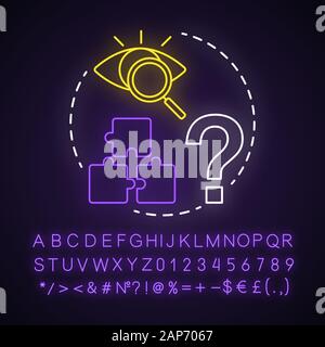 Puzzles neon light concept icon. Quest game idea. Looking for answer, clues. Jigsaw parts. Solving problem, searching solution. Glowing sign with alph Stock Vector