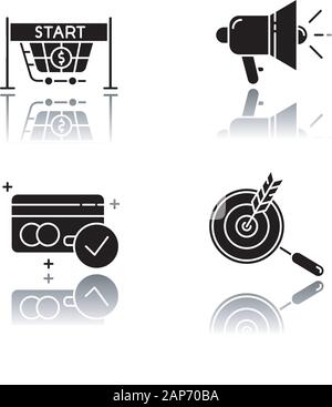 E commerce seller drop shadow black glyph icons set. Product promotion, customer attraction. Start selling, promotional tools, accept payments, choose Stock Vector