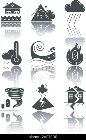 Natural disaster drop shadow black glyph icons set. ?atastrophes. Earthquake, wildfire, tsunami, tornado, avalanche, flood, downpour, volcanic eruptio Stock Vector