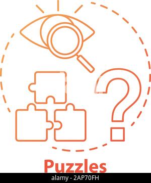 Puzzles red gradient concept icon. Quest game idea thin line illustration. Looking for answer, clues. Jigsaw parts. Solving problem, searching solutio Stock Vector
