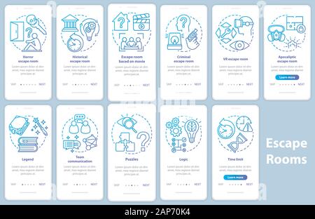 Escape room onboarding mobile app page screen set with linear concepts. Quest game classification. Walkthrough blue gradient graphic instructions. UX, Stock Vector