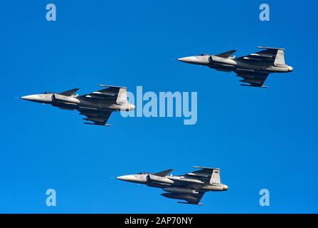 Helsinki, Finland - 9 June 2017: Squadron of Swedish Air Force Saab JAS 39 Gripen multirole fighter jets over Helsinki at the Kaivopuisto Air Show 201 Stock Photo