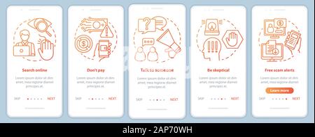 Scam prevention onboarding mobile app page screen vector template. Walkthrough website steps with linear illustrations. Search online. UX, UI, GUI sma Stock Vector