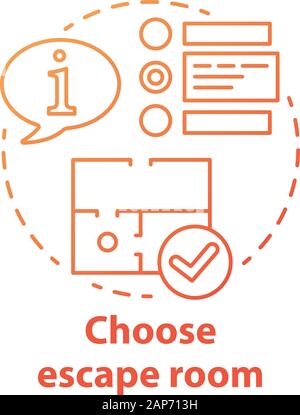 Choose escape room red gradient concept icon. Select quest type idea thin line illustration. Choice of strategy game. Comparing information and making Stock Vector