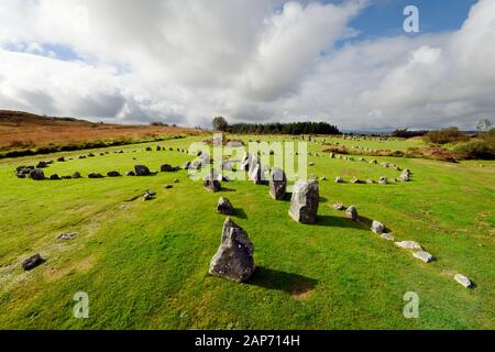 Beaghmore Stone Circles Neolithic and Bronze Age ritual site. Co. Tyrone, Ireland. S.W. along stone alignments to Circle A (left) and Circle B (right) Stock Photo