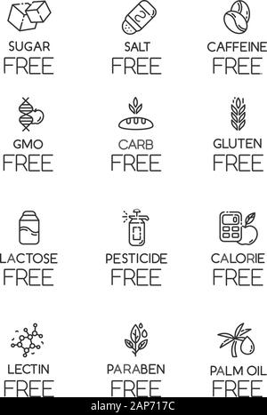 Product free ingredient linear icons set. No lectine, paraben, gmo, gluten. Low calories. Dietary without allergens. Thin line contour symbols. Isolat Stock Vector