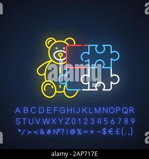 Toys and hobbies neon light icon. Products for children. Teddy bear, puzzle. E commerce department, shopping categories. Glowing sign with alphabet, n Stock Vector