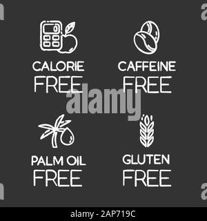 Product free ingredient chalk icons set. No calories, caffeine, palm oil, gluten. Healthy food. Low calories meals. Dietary without allergens and swee Stock Vector