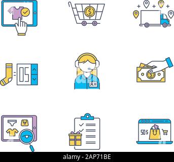 E commerce color icons set. Online shopping. Searching, buying and ordering goods. Payment by credit card and cash. Internet shop, online store applic Stock Vector