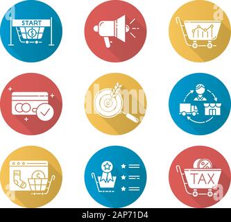 E commerce seller flat design long shadow glyph icons set. Online shopping. Internet trading. Marketing research. Internet store. Product promotion an Stock Vector