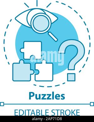 Puzzles concept icon. Quest game idea thin line illustration. Looking for answer, clues. Jigsaw parts. Solving problem, searching solution.  Vector is Stock Vector