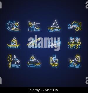 Watersports neon light icons set. Cave diving, kiteboarding, flyboarding and jet skiing. Cliff jumping and paddle surfing. Extreme kinds of sport. Glo Stock Vector