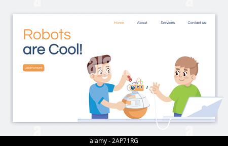 Robots are cool landing page vector template. Robotics courses for kids website interface idea with flat illustrations. After school club homepage lay Stock Vector