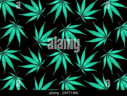 Pattern green cannabis leaves on black background. Trendy color neo mint. Stock Photo