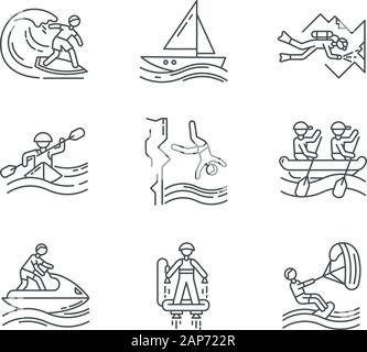 Watersports linear icons set. Cave diving, surfing, flyboarding and sailing. Extreme kinds of sports.Thin line contour symbols. Isolated vector outlin Stock Vector