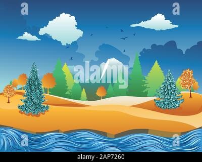Fast river, fir trees near big mountain autumn landscape. Stock Vector
