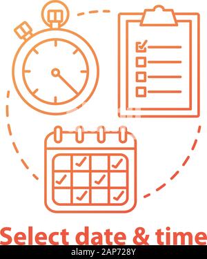 Select date, time red gradient concept icon. Choose day, hour thin line illustration. Making reservation, booking. Time management, scheduling. Calend Stock Vector
